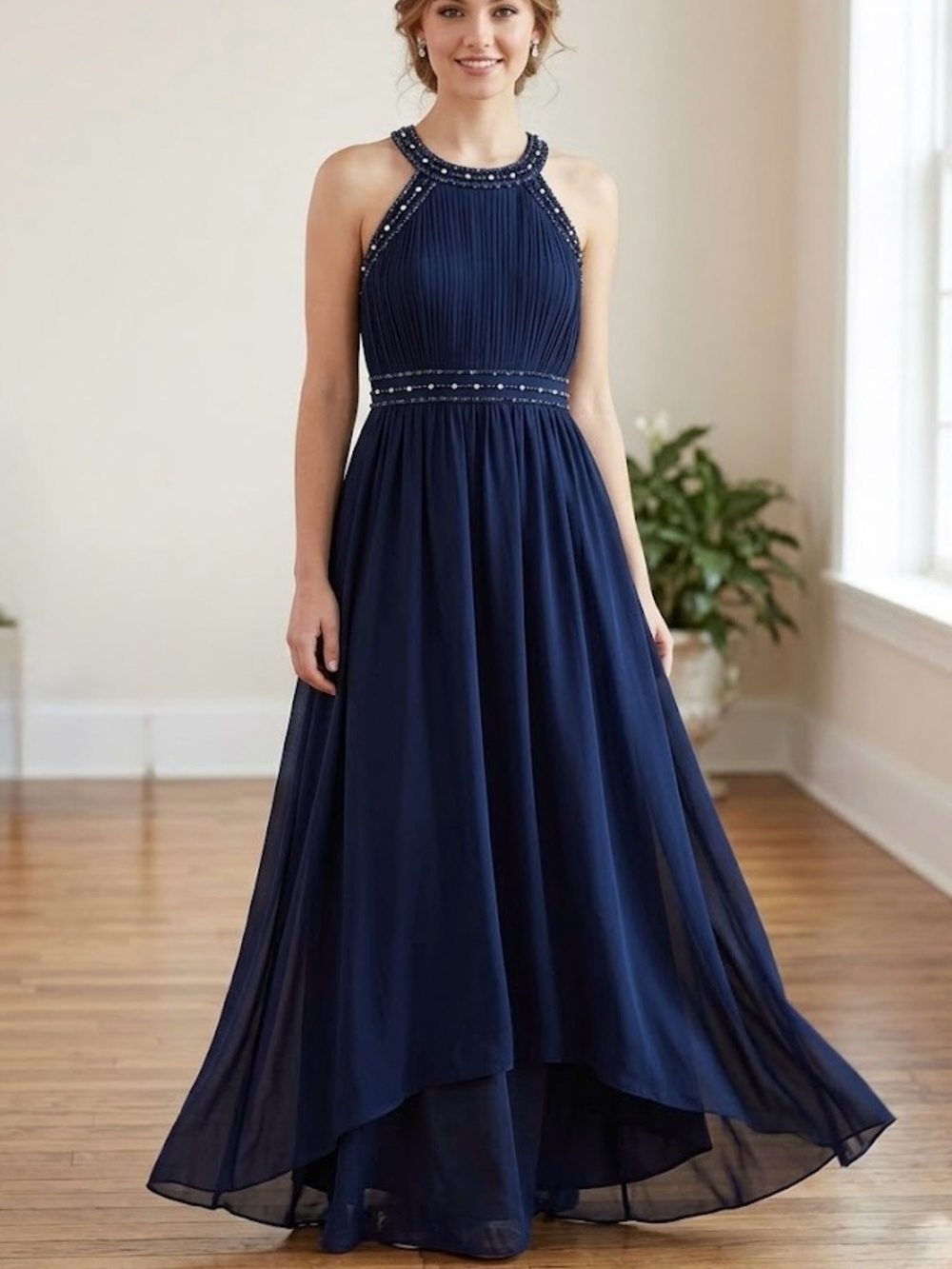 Le Château Navy Blue Embellished Halter Maxi Dress Gown Graduation Wedding Party